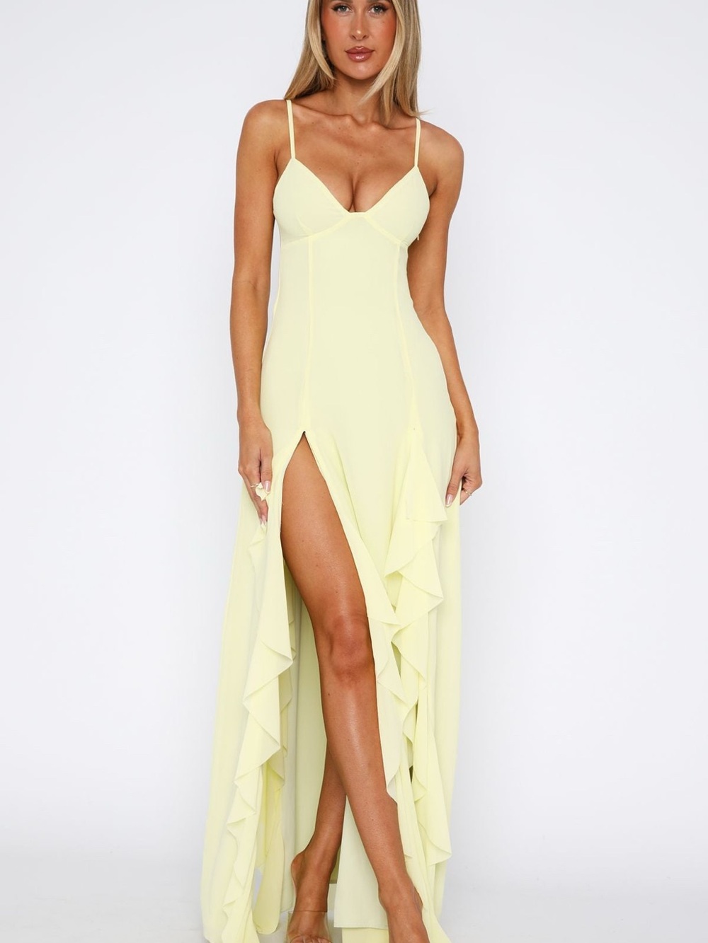 White Fox Boutique Lemon Ruffle High-Slit Maxi Dress
